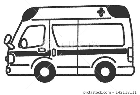 Simple and cute hand-drawn monochrome icon illustration of an ambulance; a hand-drawn vehicle illustration that can be used as an illustration. Simple and cute hand-drawn monochrome icon illustration of an ambulance; a hand-drawn vehicle illustration that can be used as an illustration. 142118111