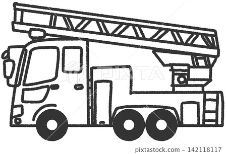 簡單可愛的手繪單色圖示插圖，包括雲梯車和消防車；可作為插圖使用的車輛插圖。 142118117