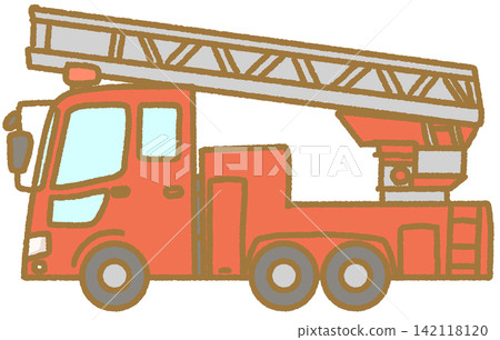 簡單可愛的手繪雲梯消防車和消防車圖示插圖；可作為插圖使用的車輛插圖。 142118120