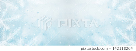 A blue watercolor background with white fir branches for creating web banners for the winter holidays. A blue watercolor background with white fir branches for creating web banners for the winter holidays. 142118264