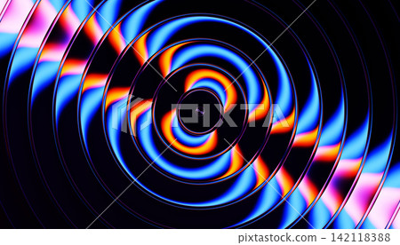 Circle radial ripple 3d pattern with concentric glass rings and vibrant neon blue orange purple light refraction on dark background. Abstract render water effect, tech and sound waves. 3D illustration Circle radial ripple 3d pattern with concentric glass rings and vibrant neon blue orange purple light refraction on dark background. Abstract render water effect, tech and sound waves. 3D illustration 142118388