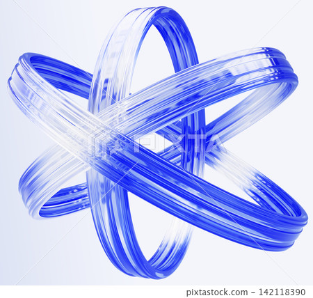 Abstract blue glass rings, atom structure 3D model, circle lines in orbits shape speed in space, modern technology symbol isolated on light background for science design projects. 3D illustration Abstract blue glass rings, atom structure 3D model, circle lines in orbits shape speed in space, modern technology symbol isolated on light background for science design projects. 3D illustration 142118390