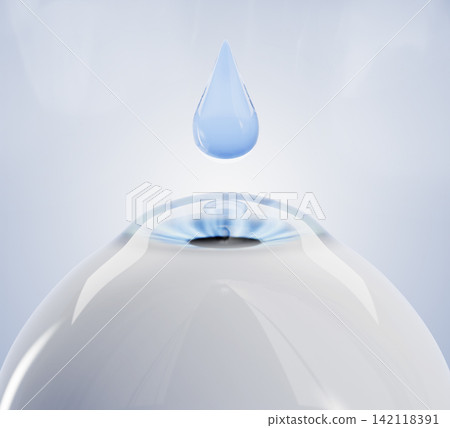 3D eye drop falling on human cornea. Medical background, eyeball with blue water droplet of ophthalmic solution, liquid medicine. Vision care, hydration, ophthalmology science concept. 3D illustration 142118391