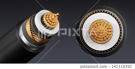 Electric cable cross section 3d set with gold copper wire core, circular conductor and insulation layers, front and side view isolated on black. Underground power transmission lines. 3D illustration 142118392