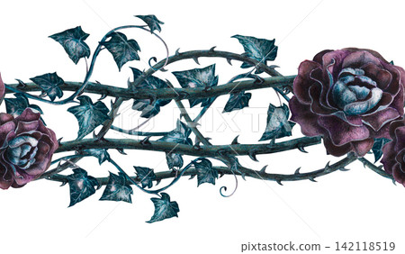 Seamless border dark roses, thorny vines, ivy leaves, and tendrils hand drawn watercolor illustration. Gothic victorian art for witch craft poison garden, halloween mystical botanical wallpaper print Seamless border dark roses, thorny vines, ivy leaves, and tendrils hand drawn watercolor illustration. Gothic victorian art for witch craft poison garden, halloween mystical botanical wallpaper print 142118519