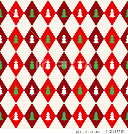Seamless pattern featuring green and white Christmas trees on a red and beige diamond background 142118561