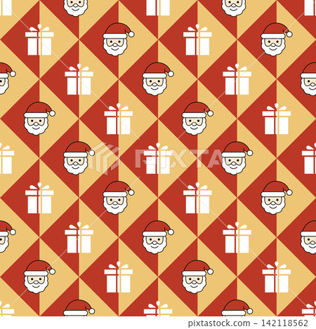 Seamless pattern featuring Santa Claus heads and white gift boxes on red and gold diamond background 142118562