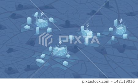 Isometric map of city districts highlighting active power plants and areas without electricity. Smart grid infrastructure Isometric map of city districts highlighting active power plants and areas without electricity. Smart grid infrastructure 142119036
