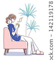 An illustration of a woman relaxing with a drink. 142119178
