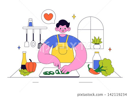 Cooking Vector Illustration Featuring Home Kitchen Activities, Meal Preparation, Fresh Ingredients, Recipes, Baking, and Healthy Food Preparation Cooking Vector Illustration Featuring Home Kitchen Activities, Meal Preparation, Fresh Ingredients, Recipes, Baking, and Healthy Food Preparation 142119234