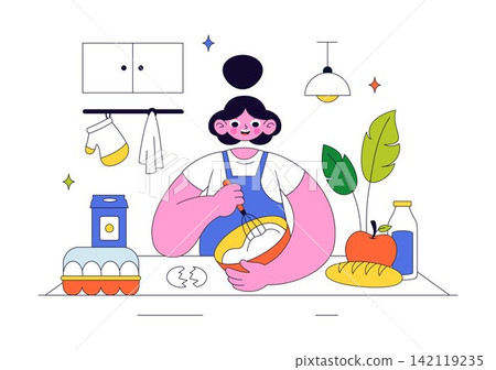 Cooking Vector Illustration Featuring Home Kitchen Activities, Meal Preparation, Fresh Ingredients, Recipes, Baking, and Healthy Food Preparation Cooking Vector Illustration Featuring Home Kitchen Activities, Meal Preparation, Fresh Ingredients, Recipes, Baking, and Healthy Food Preparation 142119235