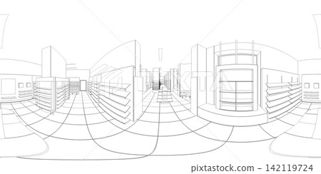 spherical panorama of the interior, contour visualization, 3D illustration, sketch, outline spherical panorama of the interior, contour visualization, 3D illustration, sketch, outline 142119724