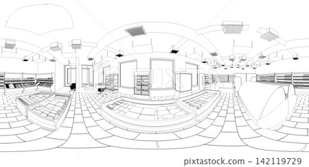 spherical panorama of the interior, contour visualization, 3D illustration, sketch, outline spherical panorama of the interior, contour visualization, 3D illustration, sketch, outline 142119729