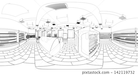 spherical panorama of the interior, contour visualization, 3D illustration, sketch, outline spherical panorama of the interior, contour visualization, 3D illustration, sketch, outline 142119732