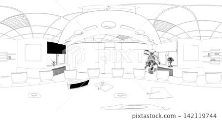 spherical panorama of the interior, contour visualization, 3D illustration, sketch, outline spherical panorama of the interior, contour visualization, 3D illustration, sketch, outline 142119744