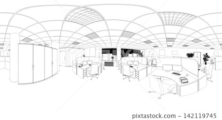 spherical panorama of the interior, contour visualization, 3D illustration, sketch, outline spherical panorama of the interior, contour visualization, 3D illustration, sketch, outline 142119745
