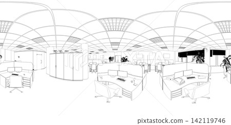 spherical panorama of the interior, contour visualization, 3D illustration, sketch, outline spherical panorama of the interior, contour visualization, 3D illustration, sketch, outline 142119746