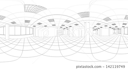 spherical panorama of the interior, contour visualization, 3D illustration, sketch, outline 142119749