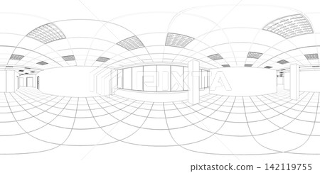 spherical panorama of the interior, contour visualization, 3D illustration, sketch, outline spherical panorama of the interior, contour visualization, 3D illustration, sketch, outline 142119755