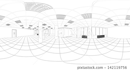 spherical panorama of the interior, contour visualization, 3D illustration, sketch, outline spherical panorama of the interior, contour visualization, 3D illustration, sketch, outline 142119756