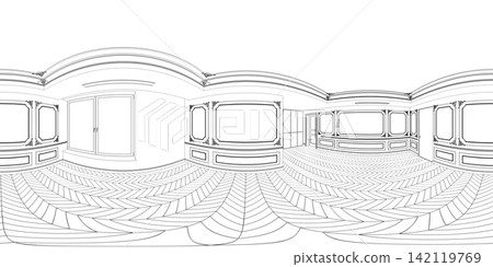 spherical panorama of the interior, contour visualization, 3D illustration, sketch, outline spherical panorama of the interior, contour visualization, 3D illustration, sketch, outline 142119769