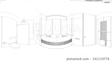 spherical panorama of the interior, contour visualization, 3D illustration, sketch, outline 142119778