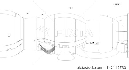 spherical panorama of the interior, contour visualization, 3D illustration, sketch, outline spherical panorama of the interior, contour visualization, 3D illustration, sketch, outline 142119780
