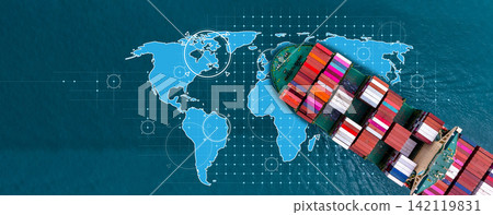 Aerial view container cargo ship international industrial, Global business import export transportation logistic by container cargo ship, Sea fright shipping industry, Container cargo freight shipping Aerial view container cargo ship international industrial, Global business import export transportation logistic by container cargo ship, Sea fright shipping industry, Container cargo freight shipping 142119831