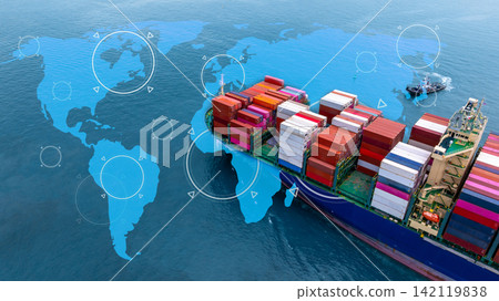 Aerial view container cargo ship international industrial, Global business import export transportation logistic by container cargo ship, Sea fright shipping industry, Container cargo freight shipping Aerial view container cargo ship international industrial, Global business import export transportation logistic by container cargo ship, Sea fright shipping industry, Container cargo freight shipping 142119838