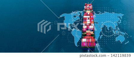 Aerial view container cargo ship international industrial, Global business import export transportation logistic by container cargo ship, Sea fright shipping industry, Container cargo freight shipping Aerial view container cargo ship international industrial, Global business import export transportation logistic by container cargo ship, Sea fright shipping industry, Container cargo freight shipping 142119839