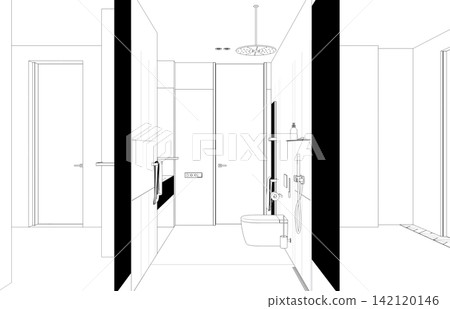 interior contour visualization, 3D illustration, sketch, outline interior contour visualization, 3D illustration, sketch, outline 142120146