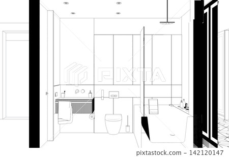 interior contour visualization, 3D illustration, sketch, outline interior contour visualization, 3D illustration, sketch, outline 142120147
