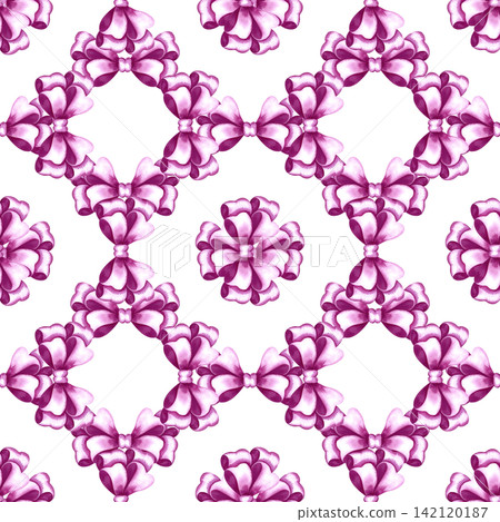 A seamless pattern of pink ribbon bows. A hand painted watercolor illustration. Perfect for textiles, clothing, tablecloths and curtains, wrapping paper, wallpaper, and much more. A seamless pattern of pink ribbon bows. A hand painted watercolor illustration. Perfect for textiles, clothing, tablecloths and curtains, wrapping paper, wallpaper, and much more. 142120187