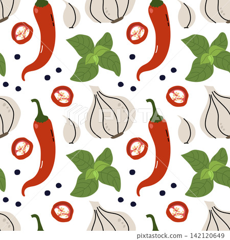 Chili Pepper Garlic Basil Seamless Pattern Illustration Chili Pepper Garlic Basil Seamless Pattern Illustration 142120649