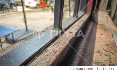 Rustic Window Frame Aged Wood Metal Bars Textured Decay Rustic Window Frame Aged Wood Metal Bars Textured Decay 142120835