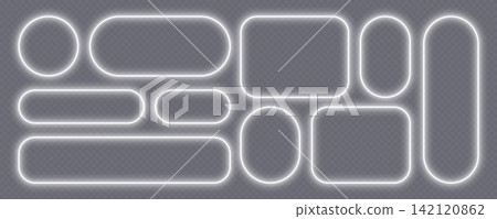 Neon glowing frames, white night banners light effect, bright illuminated borders. Neon glowing frames, white night banners light effect, bright illuminated borders. 142120862