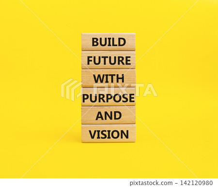 Build future with purpose and vision symbol. Concept words build future with purpose and vision on wooden blocks. Beautiful yellow background. Business concept. Copy space. Build future with purpose and vision symbol. Concept words build future with purpose and vision on wooden blocks. Beautiful yellow background. Business concept. Copy space. 142120980