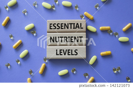 Essential nutrient levels symbol. Concept words Essential nutrient levels on wooden blocks. Beautiful purple background with pills. Healthcare and Essential nutrient levels concept. Copy space. Essential nutrient levels symbol. Concept words Essential nutrient levels on wooden blocks. Beautiful purple background with pills. Healthcare and Essential nutrient levels concept. Copy space. 142121073