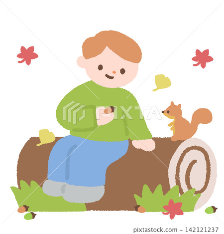 An illustration of a child and a squirrel picking up acorns in an autumn forest. 142121237