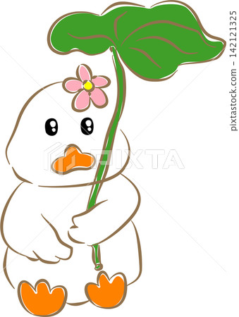 Cute white duck holding green lotus leaf umbrella vector Cute white duck holding green lotus leaf umbrella vector 142121325