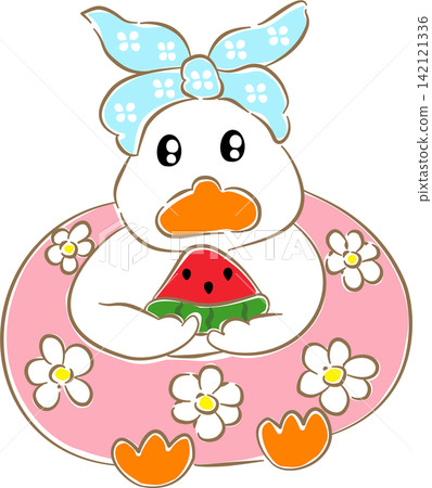 Duck eating watermelon slice on pink swim float vector Duck eating watermelon slice on pink swim float vector 142121336