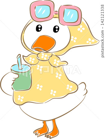 Cute duck holding a drink cup summer vector illustration Cute duck holding a drink cup summer vector illustration 142121338