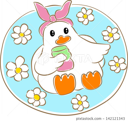 Duck sleeping on blue floral swim ring holding drink Duck sleeping on blue floral swim ring holding drink 142121343