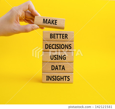 Make better decisions using data insights symbol. Concept words make better decisions using data insights on wooden blocks. Businessman hand. Beautiful yellow background. Business concept. Copy space. Make better decisions using data insights symbol. Concept words make better decisions using data insights on wooden blocks. Businessman hand. Beautiful yellow background. Business concept. Copy space. 142121581