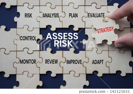 Assess Risk text on wooden puzzle pieces with strategy puzzle piece over deep blue background. Businessman hand. Risk assessment and business management concept with copy space. Assess Risk text on wooden puzzle pieces with strategy puzzle piece over deep blue background. Businessman hand. Risk assessment and business management concept with copy space. 142121631