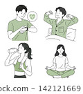 A set of illustrations of men and women practicing health management and self-care: sleep, hydration, health check, and meditation. 142121669