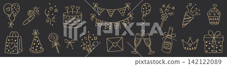 Birthday Party Doodle Gold Collection with Cake, Balloons, Gifts, Champagne, Bunting, Cupcake, Party Hat, Confetti and Hearts in Elegant Gold Line Style on Dark Background Birthday Party Doodle Gold Collection with Cake, Balloons, Gifts, Champagne, Bunting, Cupcake, Party Hat, Confetti and Hearts in Elegant Gold Line Style on Dark Background 142122089