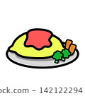 Omelet rice served on a plate (with carrots and broccoli) 142122294