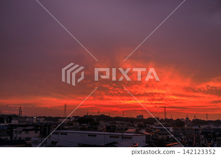 A scene of an unstable and eerily red-burning evening sky. A scene of an unstable and eerily red-burning evening sky. 142123352