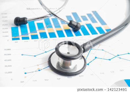 Stethoscope on finance business chart paper. Stethoscope on finance business chart paper. 142123491